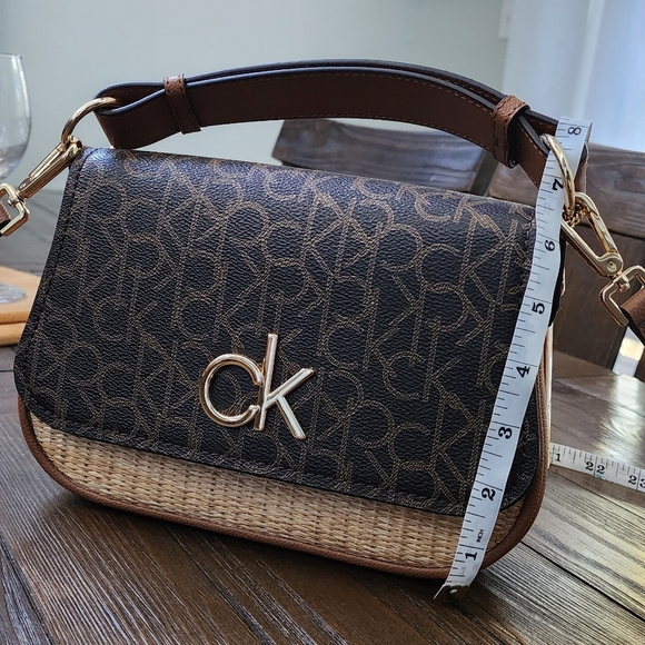 NWOT Calvin Klein Signature Shoulder Bag Crossbody Brown & Natural Straw - Picture 8 of 15